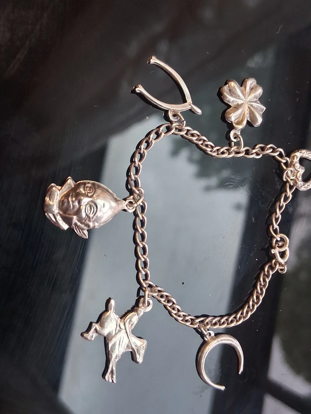 moSterling Silver Charm Bracelet with Horseshoe, Clover & Animal Charms - 6.5